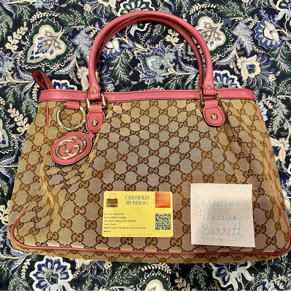 Gucci Sukey Top Handle Medium Tote GG Canvas with Mauve/Rose Leather Trim